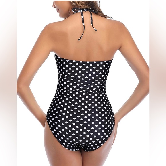 One Piece Swimsuit Tummy Control High Waisted Halter Front Tie SIZE M Retro - Picture 3 of 7
